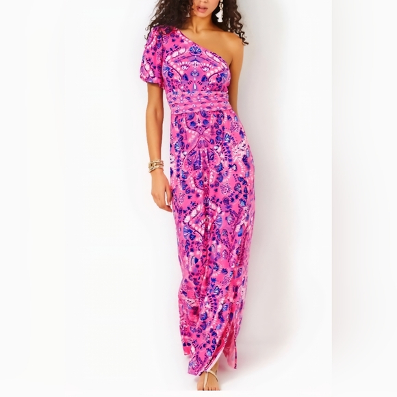 Lilly Pulitzer Dresses & Skirts - Lilly Pulitzer NWT Solana One Shoulder Maxi Dress Havana Pink Turtle Tidepool